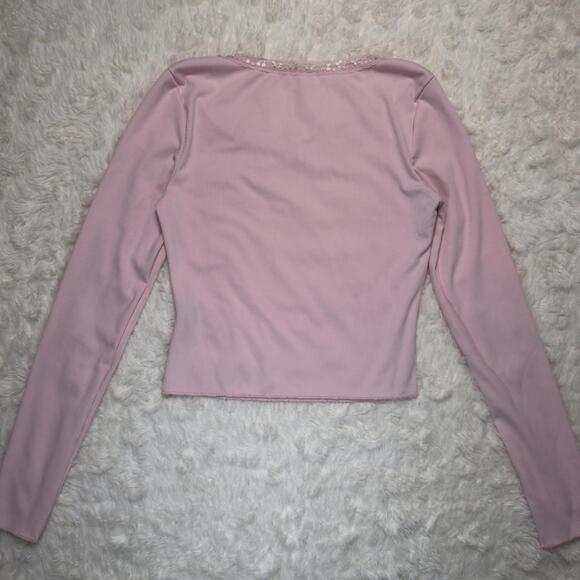 Y2K Pink Long Sleeve Ribbed Top with Lace Trim - Picture 2 of 6